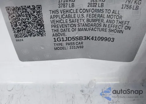 2019 Chevrolet Sonic Lt Auto z USA, uszkodzony, nr VIN 1G1JD5SB3K4109903